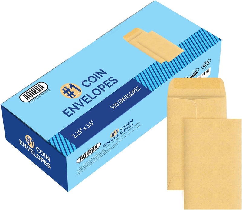 Aqirva #1 Coin Envelopes 500 Pcs - 2.25×3.5 Inches – Thick & Heavy-Duty Gummed Flapped Kraft Envelopes – Perfect for Coins, Money, Seeds, Home, Office, Wedding & Pocket Use - Image 1
